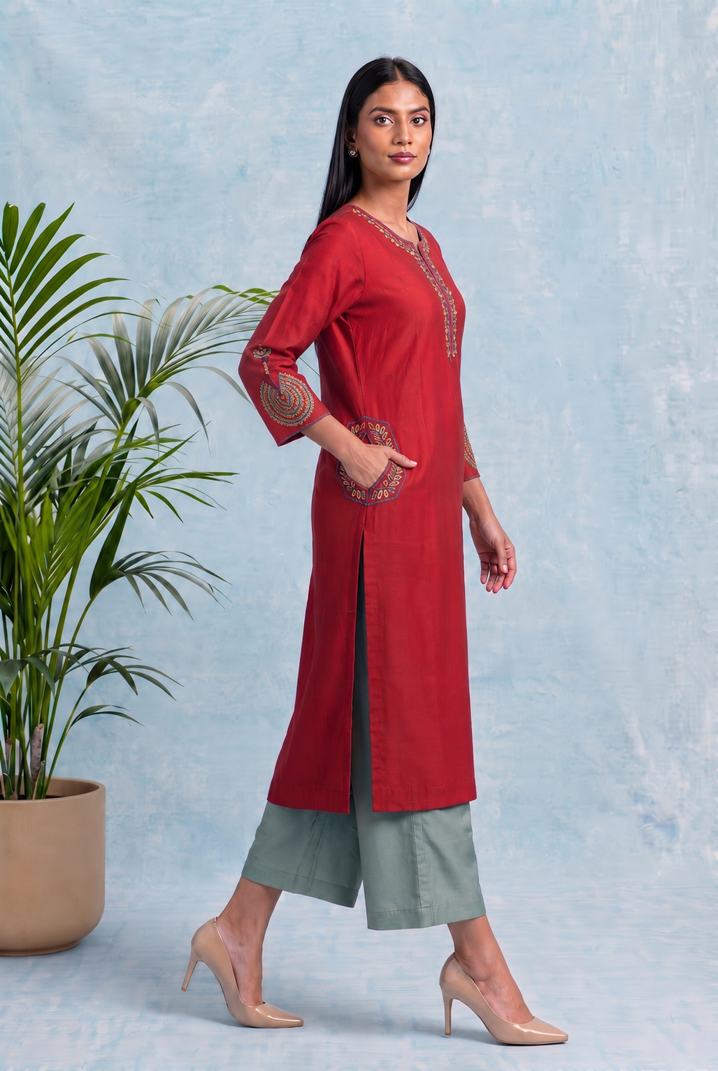 Crimson Ember Pheran Set with Aari Embroidery