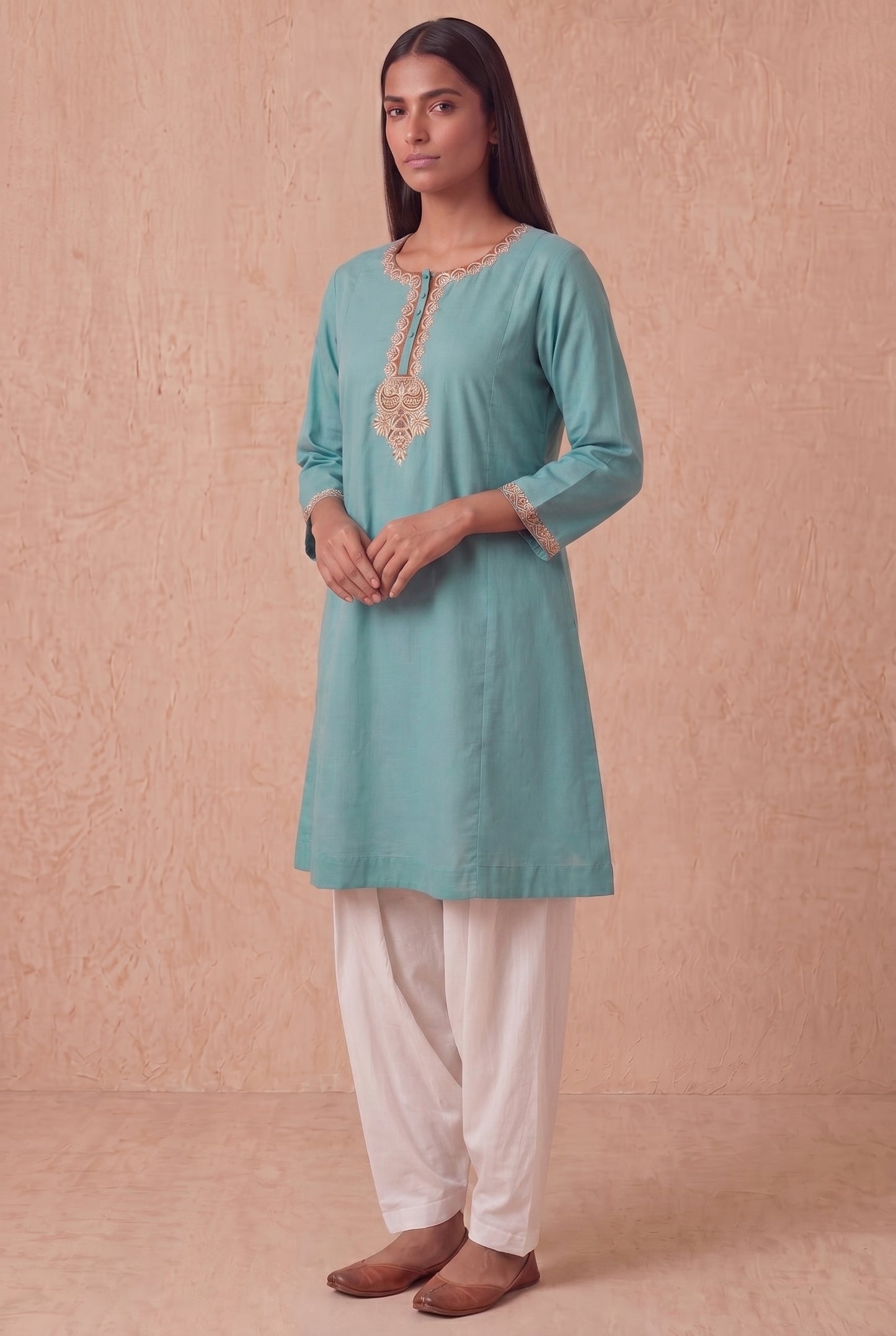 Sea Mist a Line Kurta Set with Aari Embroidery