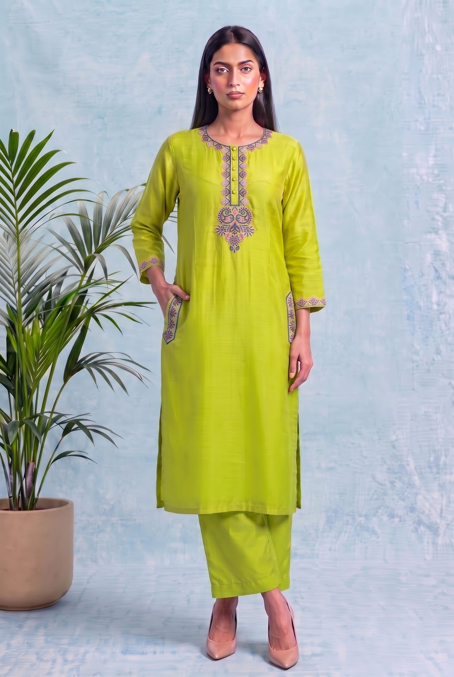 Lime Zest Pheran Set with Aari Embroidery