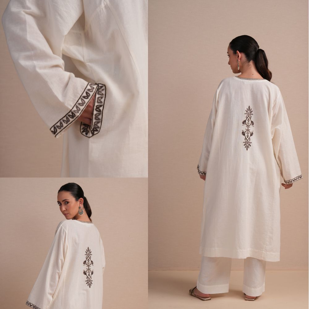 Linen White with Brown Embroidery Pheran Set
