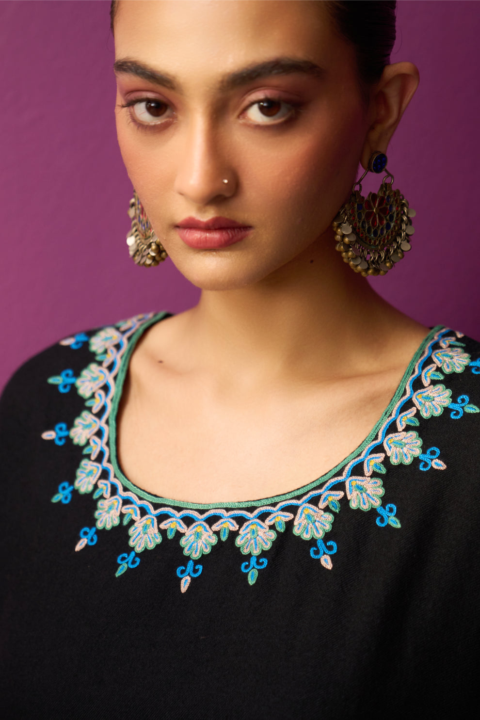 Woollen Pheran Set/Aari - Black with Ferozi Boota on Sleeves