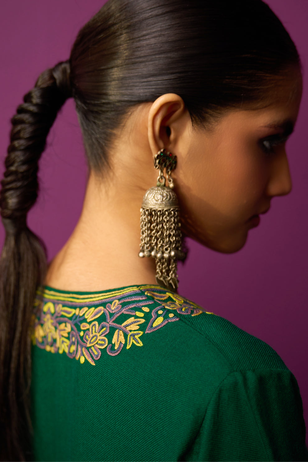 Woollen Pheran Set/Aari - Quetzal green + Long Neck