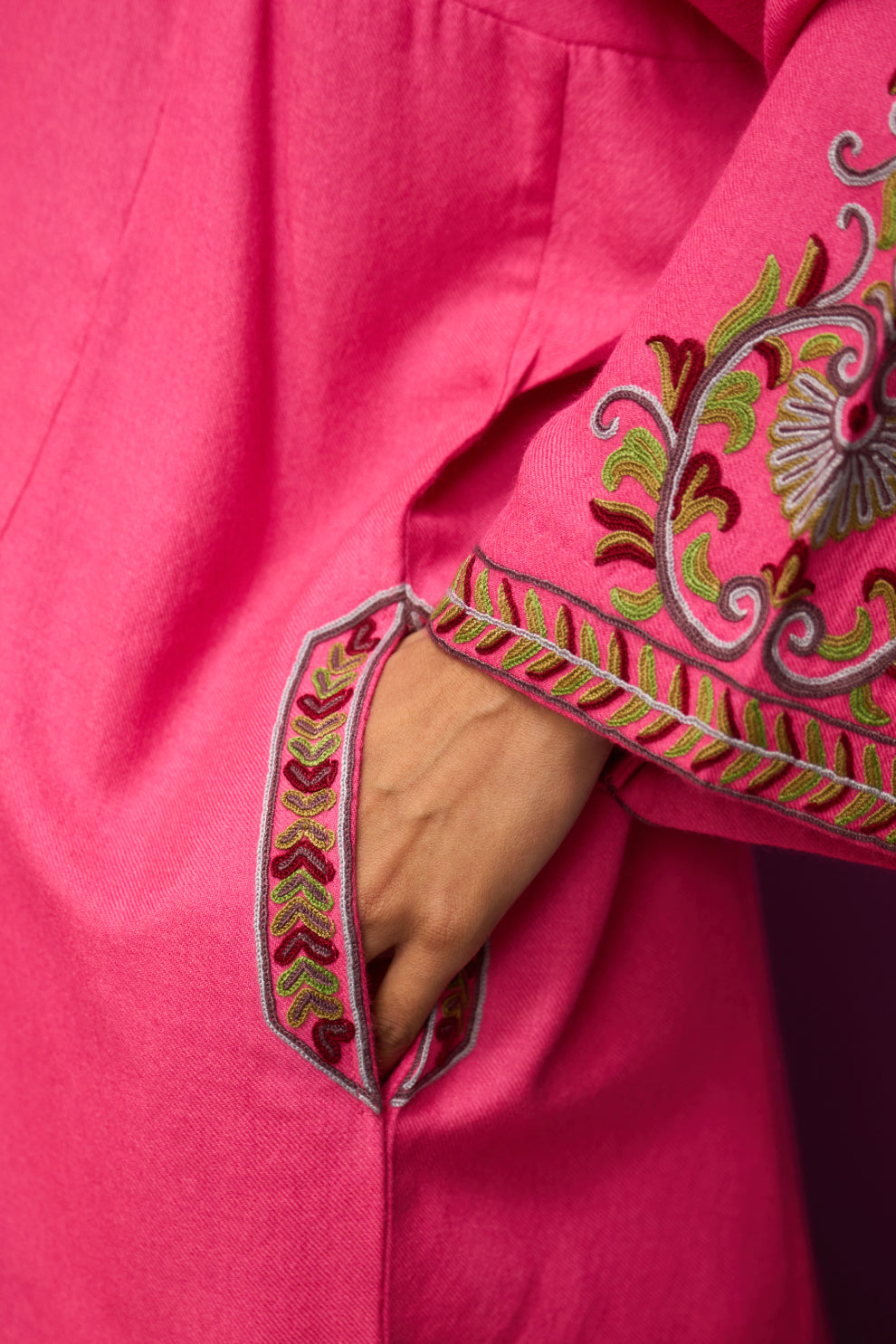 Woollen Pheran Set/Aari - Vibrant Pink