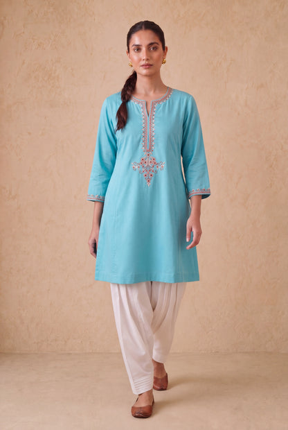 Blue Mist A Line Kurta Set With Aari Embroidery