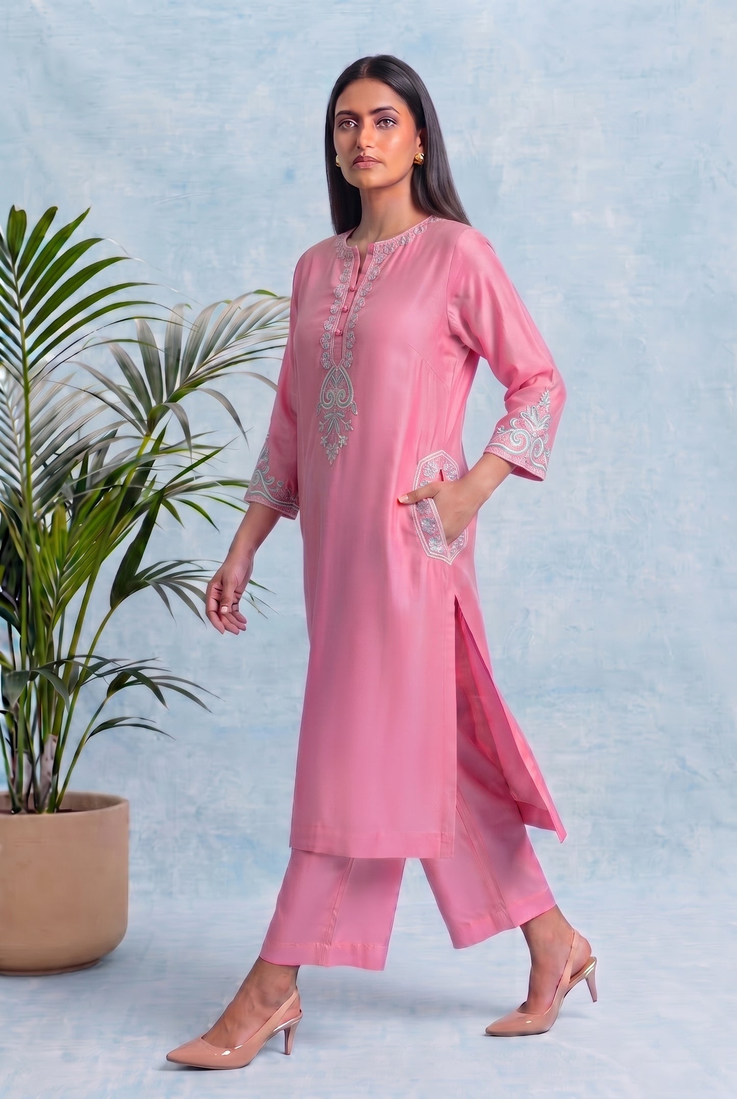 Rose Petal Pheran Set with Aari Embroidery