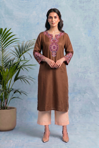 Cocoa Bloom Pheran Set with Aari Embroidery
