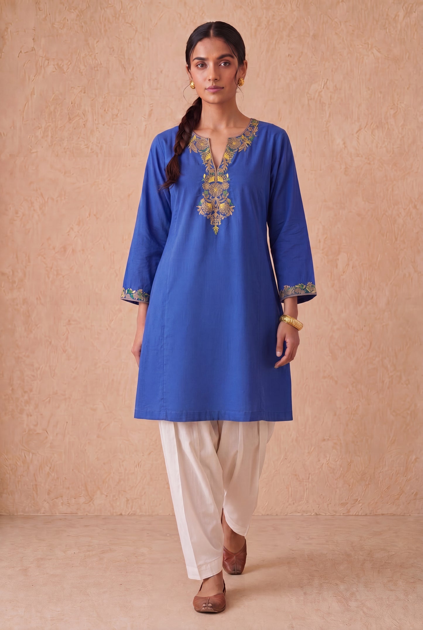 Sapphire Blue A Line Kurta Set With Aari Embroidery