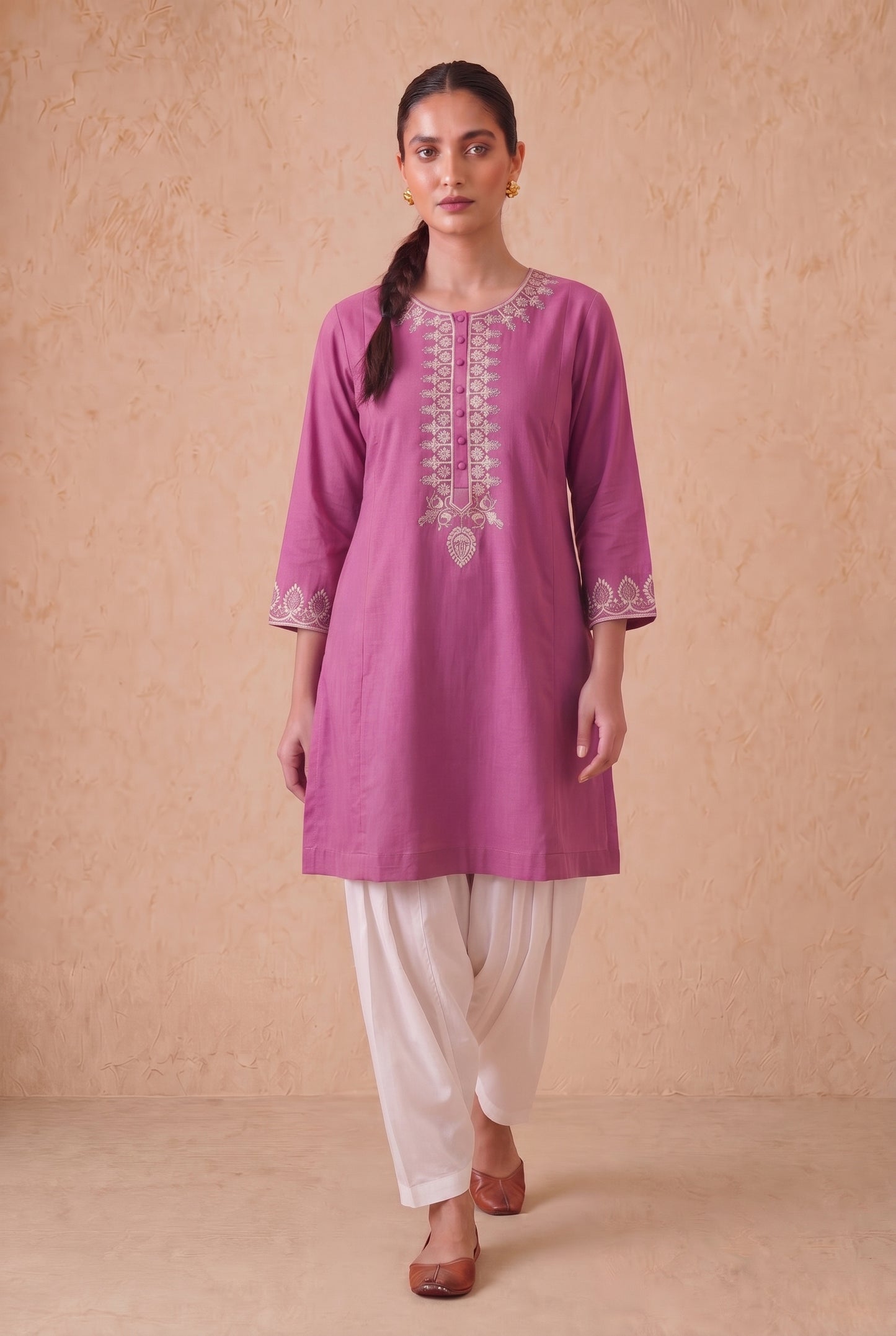 Rosewood Orchid a Line Kurta Set with Aari Embroidery