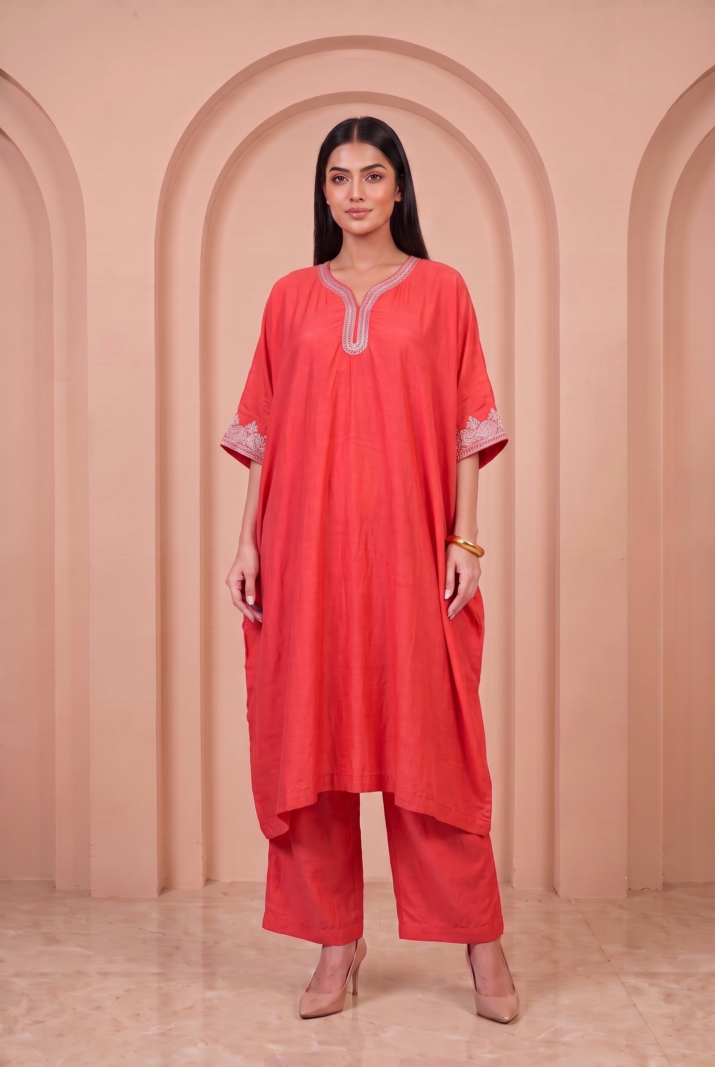 Coral Glow Mul Kaftaan Set