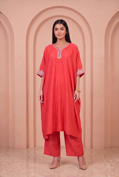 Coral Glow Mul Kaftaan Set