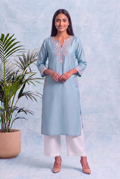 Powder Blue Pheran Set with Aari Embroidery