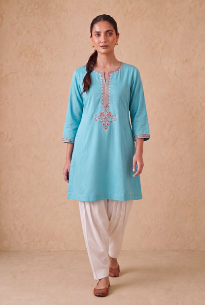 Blue Mist a Line Kurta Set with Aari Embroidery