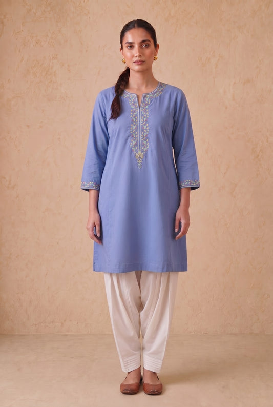 Misty Blue A Line Kurta Set With Aari Embroidery
