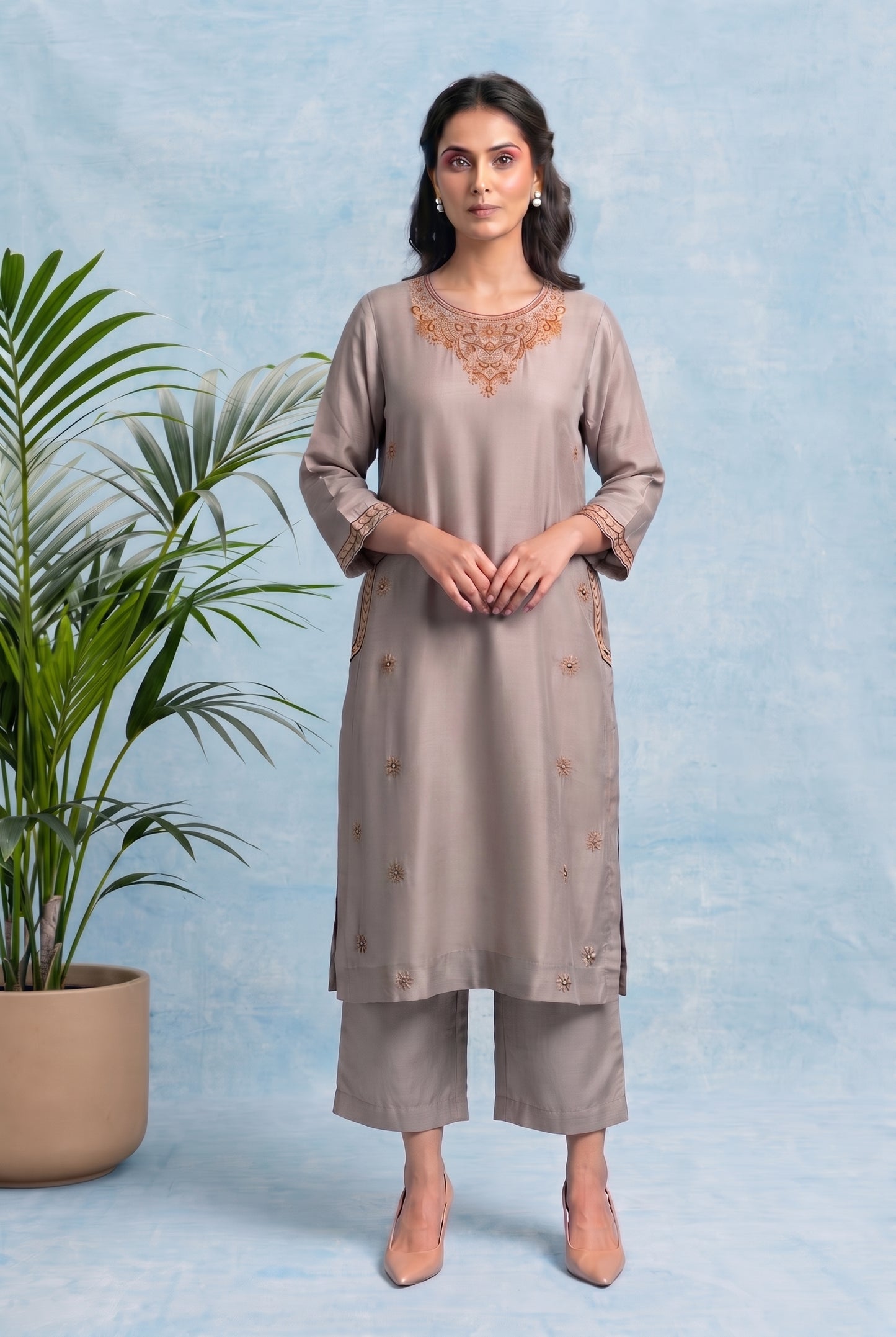 Moonstone Grey Pheran Set with Aari Embroidery