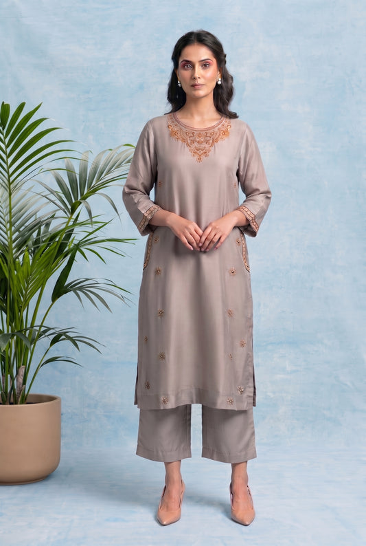 Moonstone Grey Pheran Set with Aari Embroidery