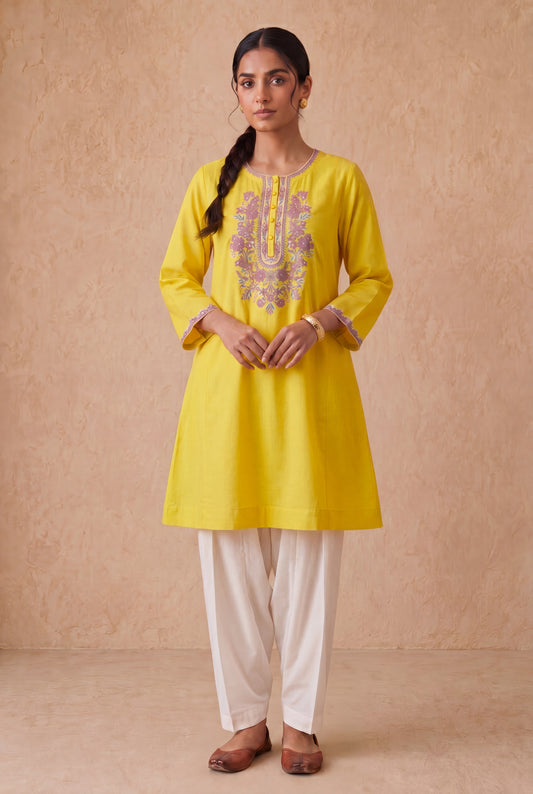 Sunlit Yellow A Line Kurta Set With Aari Embroidery