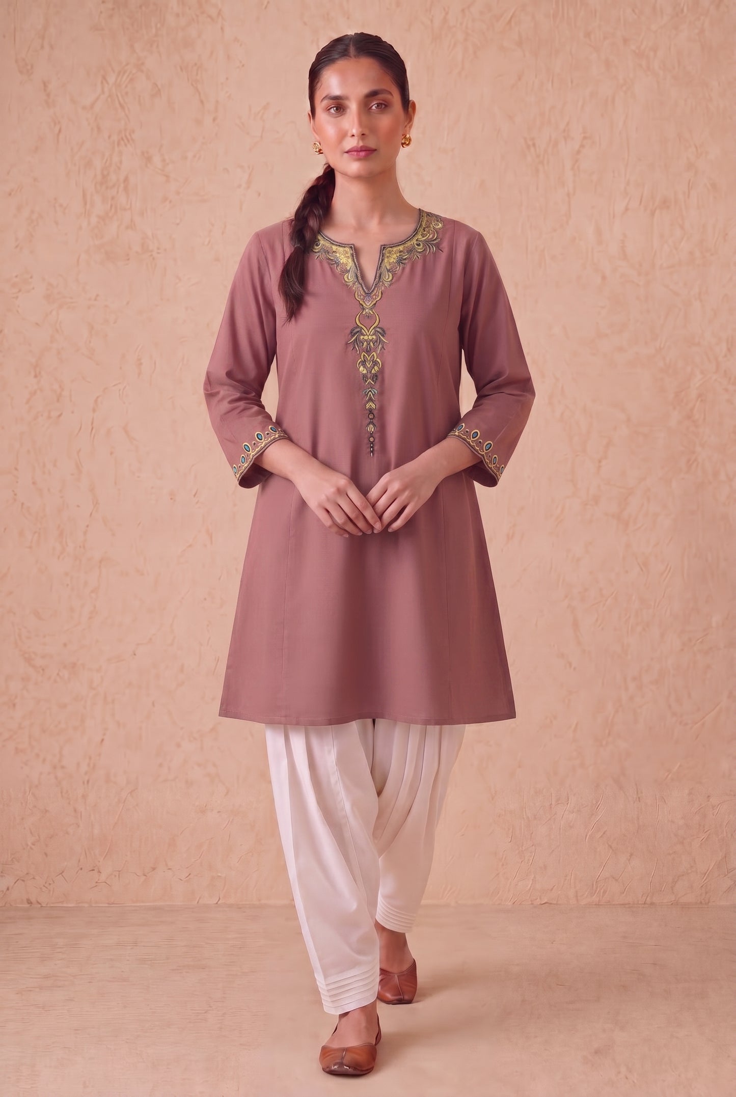 Vintage Rose A-Line Kurta Set With Aari Embroidery