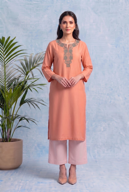 Blush Peach Pheran Set with Aari Embroidery