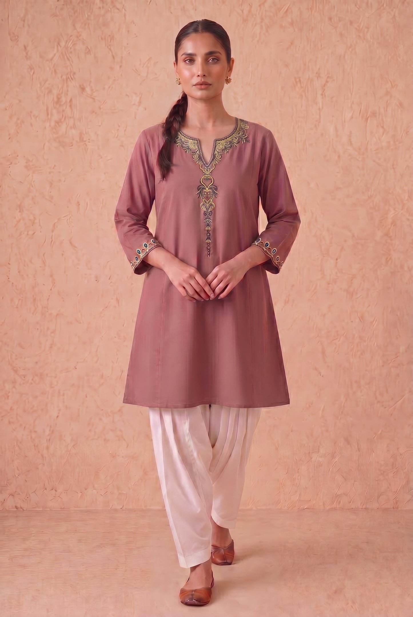 Vintage Rose A-Line Kurta Set with Aari Embroidery