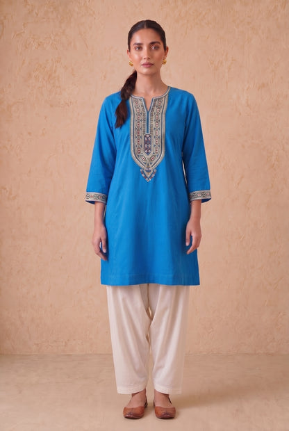 Azure Blue a Line Kurta Set with Aari Embroidery