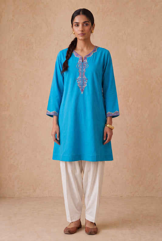 Aqua Blue A Line Kurta Set With Aari Embroidery
