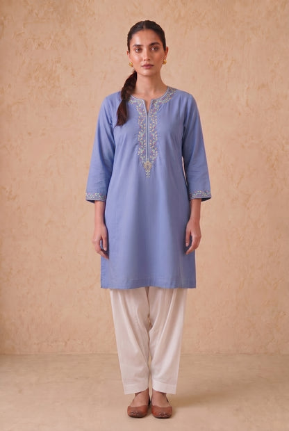Misty Blue a Line Kurta Set with Aari Embroidery