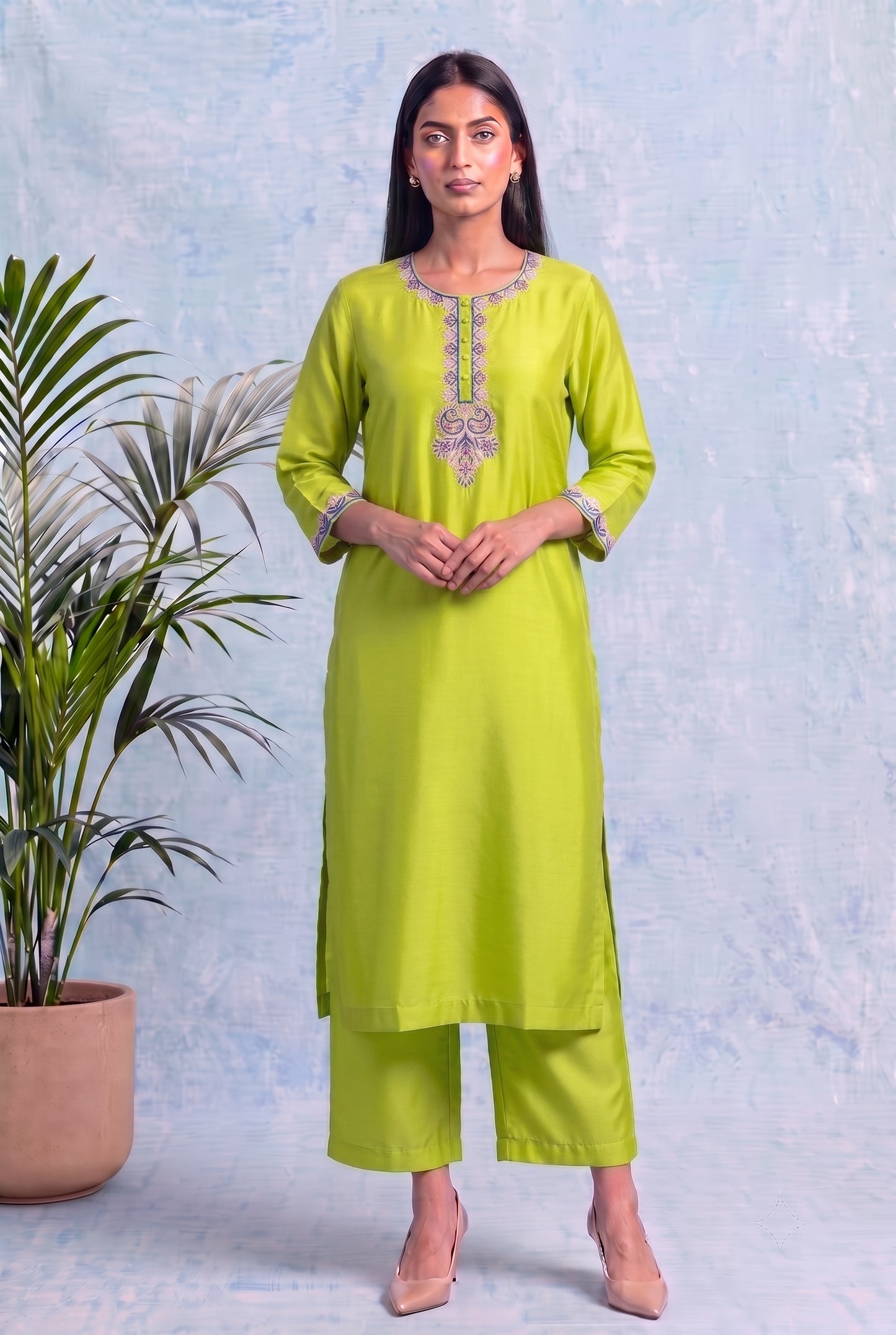 Lime Zest Pheran Set with Aari Embroidery