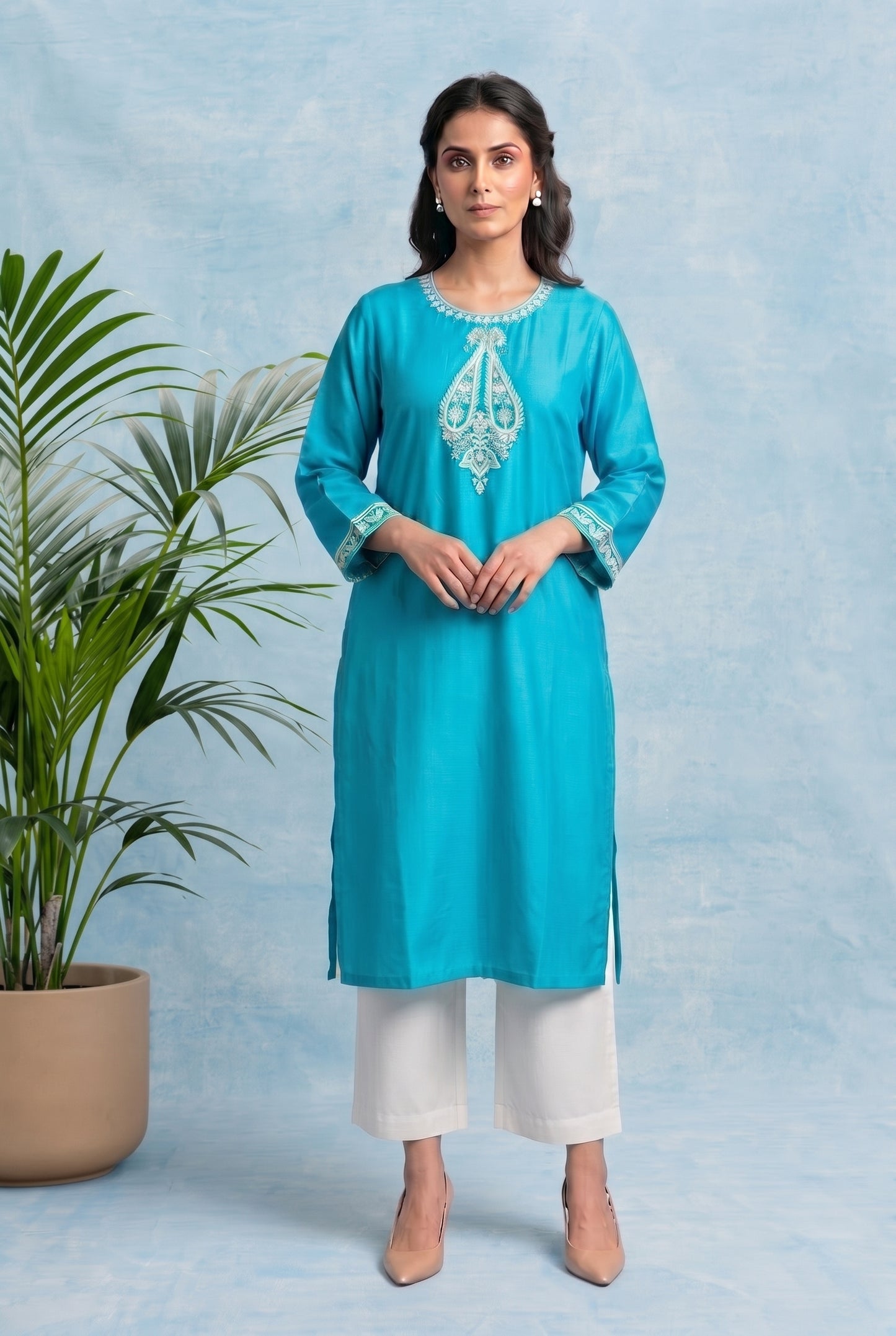Turquoise Tide Pheran Set with Aari Embroidery