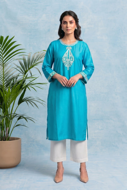 Turquoise Tide Pheran Set with Aari Embroidery