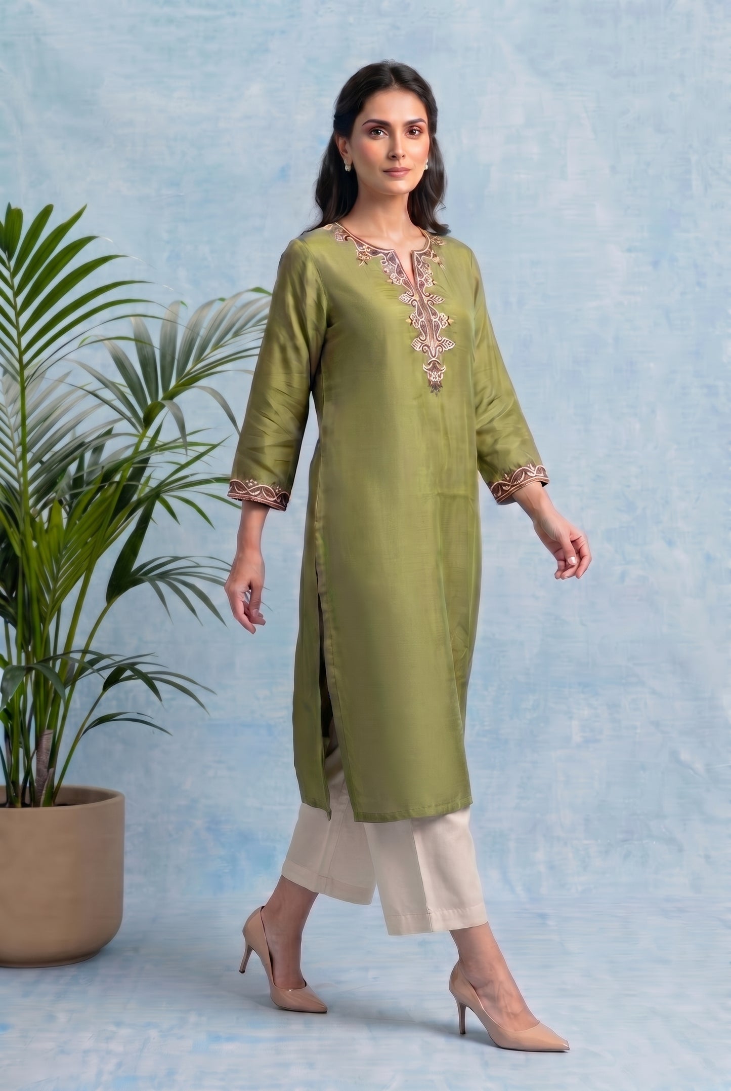 Olive Grove Pheran Set with Aari Embroidery