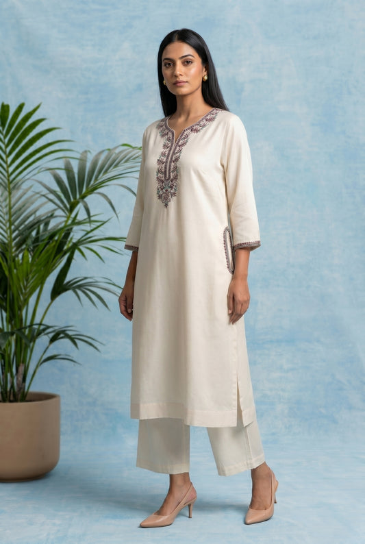 Vanilla Mist Pheran Set with Aari Embroidery