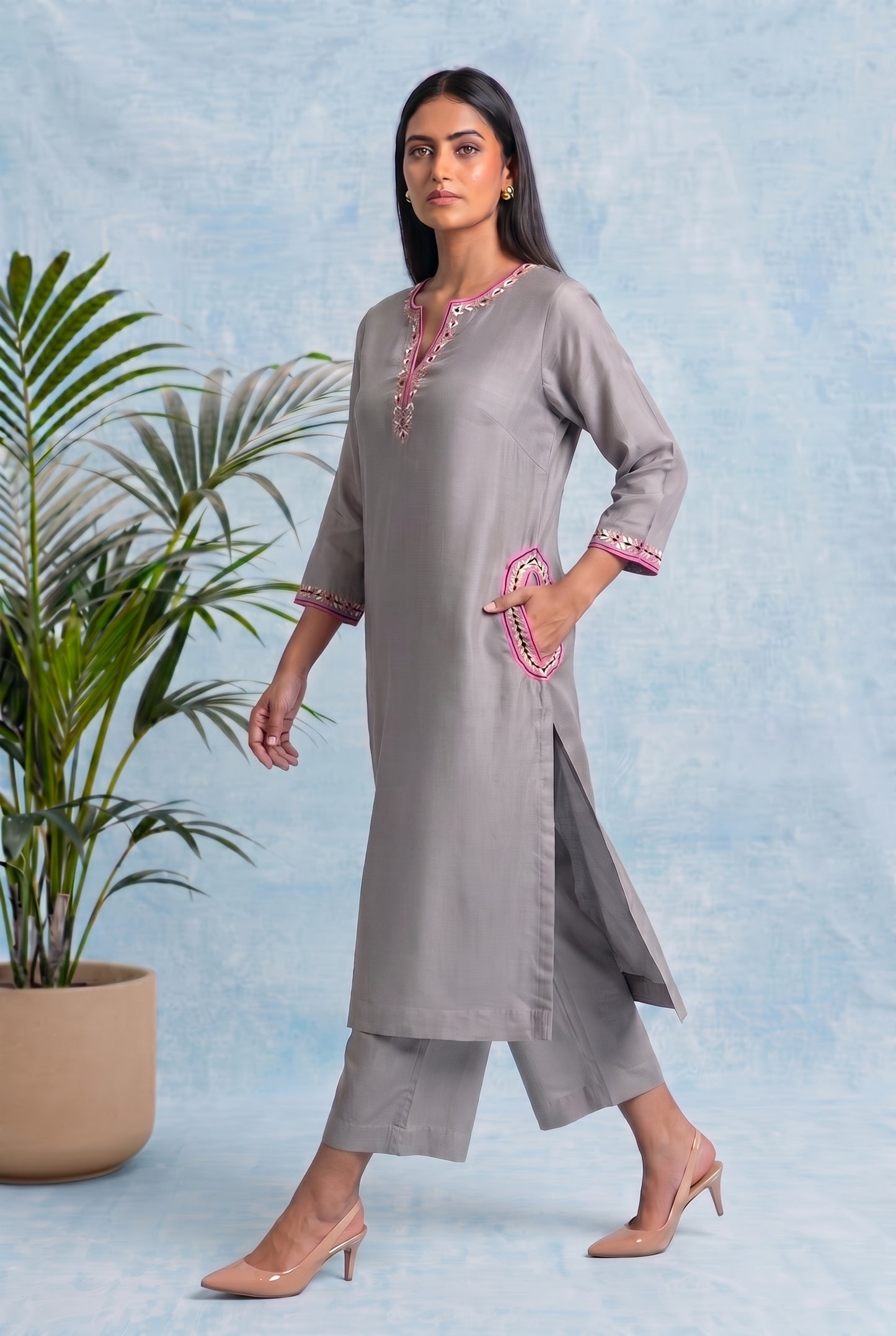 Silver Mist Pheran Set with Aari Embroidery