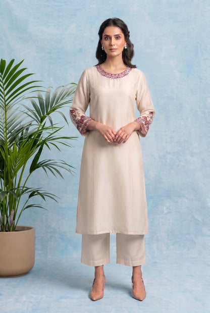 Ivory Pearl Pheran Set with Aari Embroidery