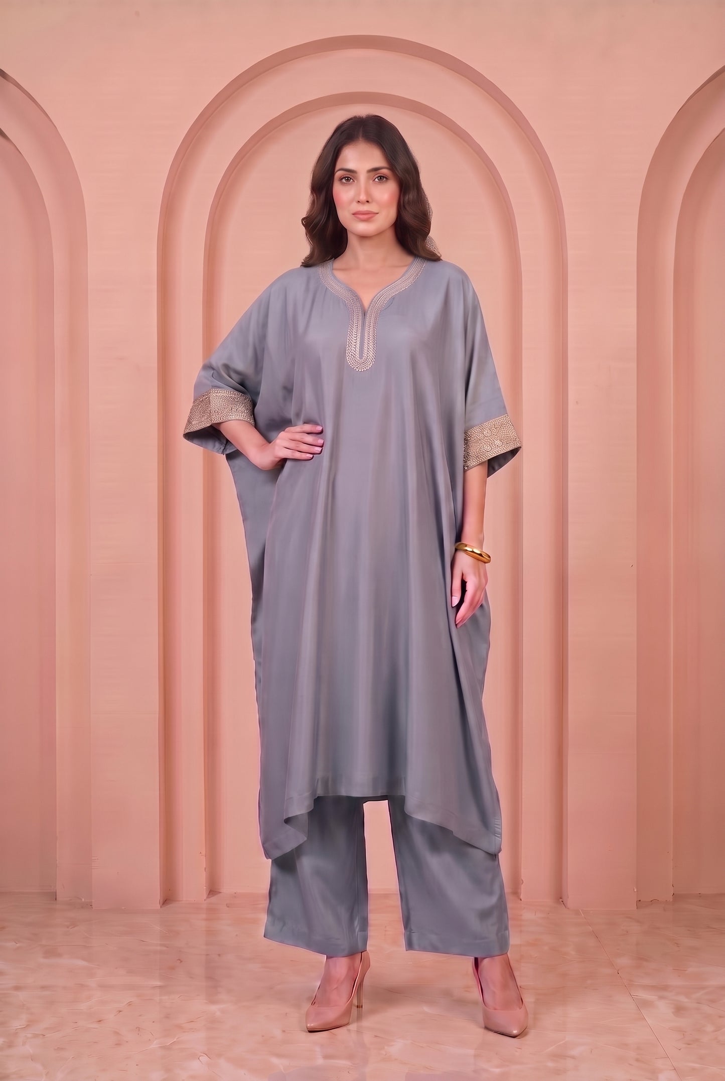 Stone Blue Mul Kaftaan Set