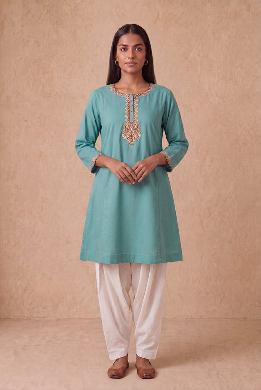 Sea Mist A Line Kurta Set With Aari Embroidery