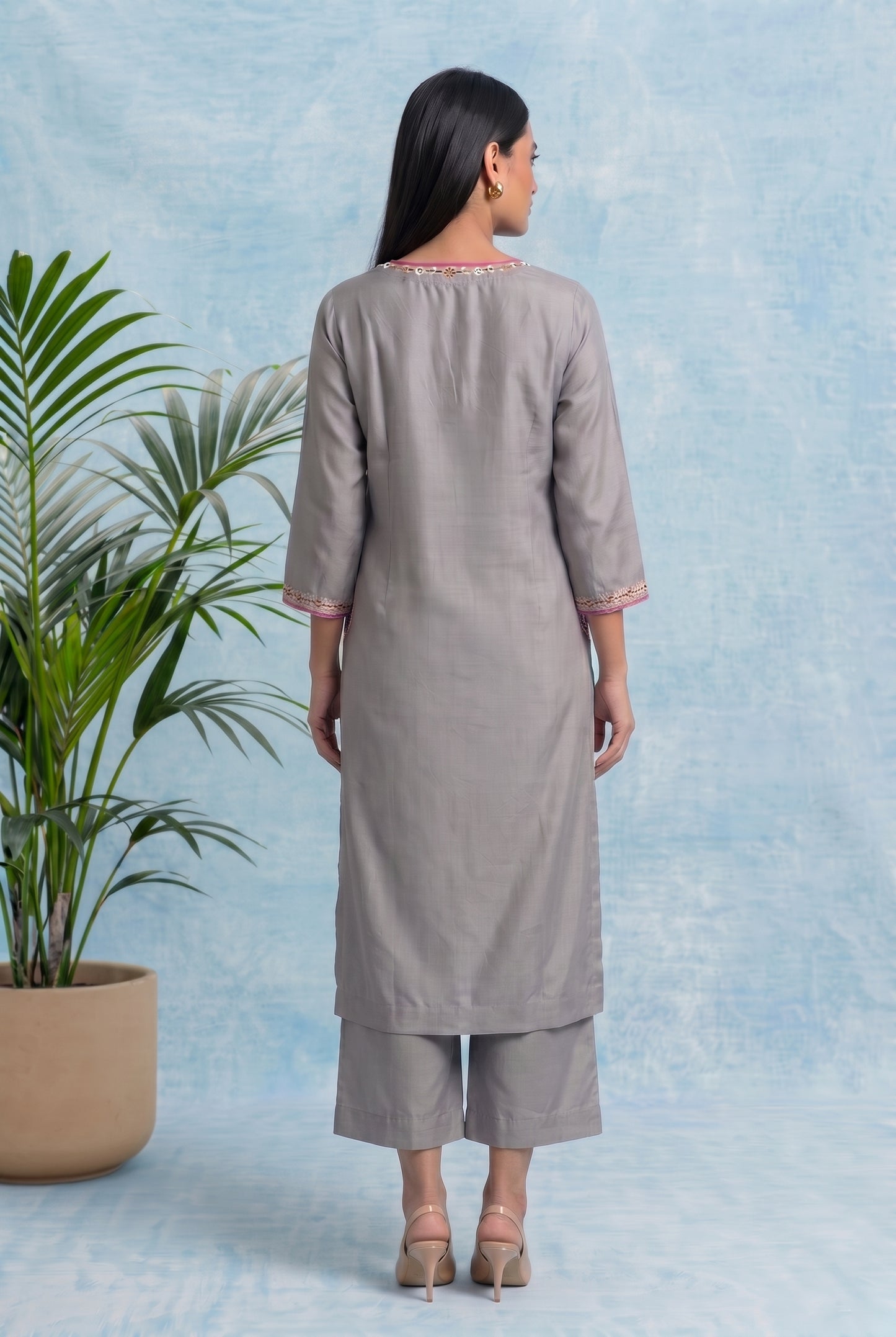Silver Mist Pheran Set with Aari Embroidery