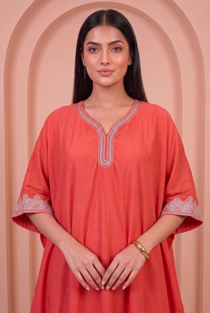 Coral Glow Mul Kaftaan Set