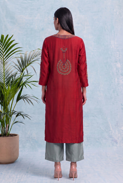 Crimson Ember Pheran Set with Aari Embroidery