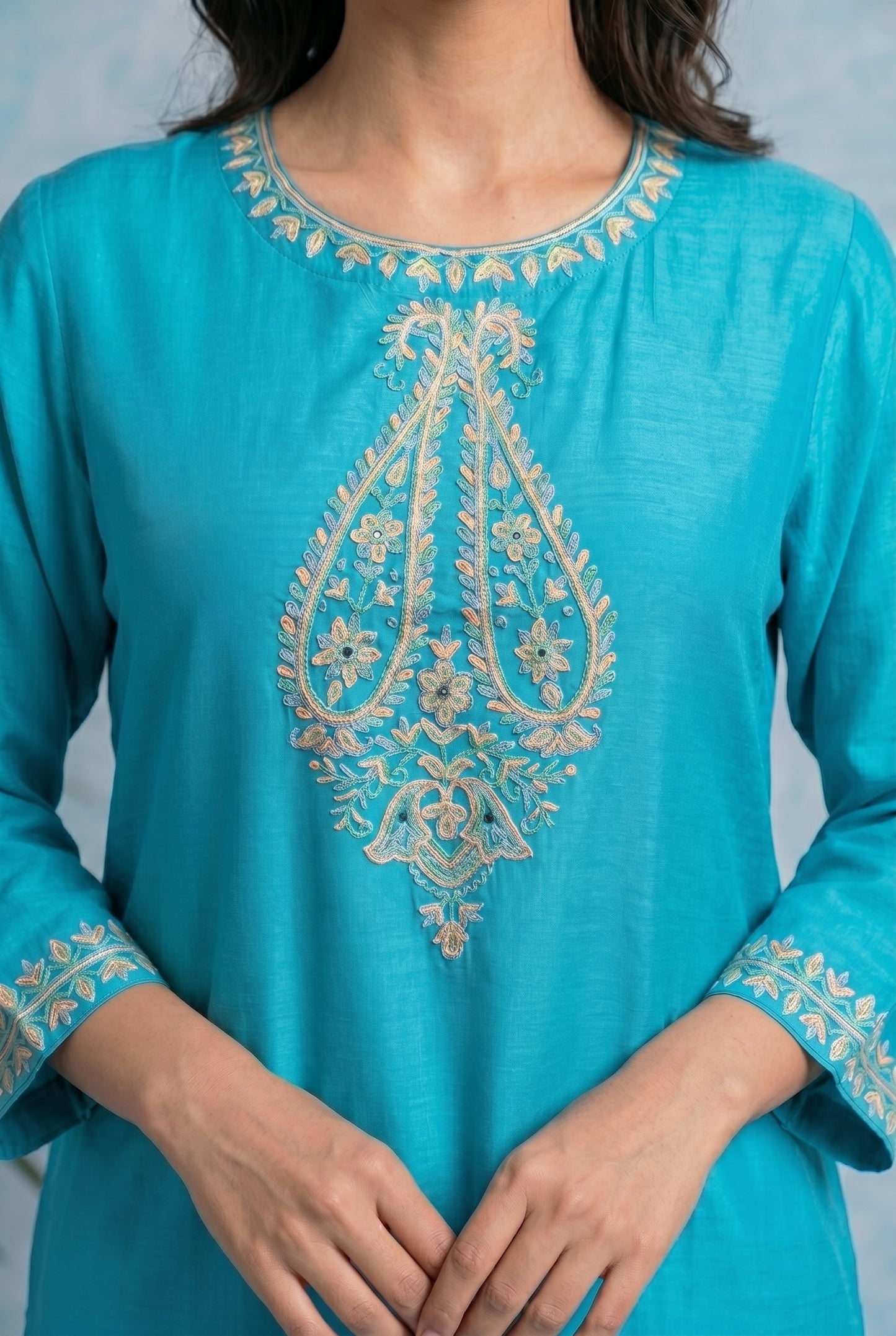 Turquoise Tide Pheran Set with Aari Embroidery