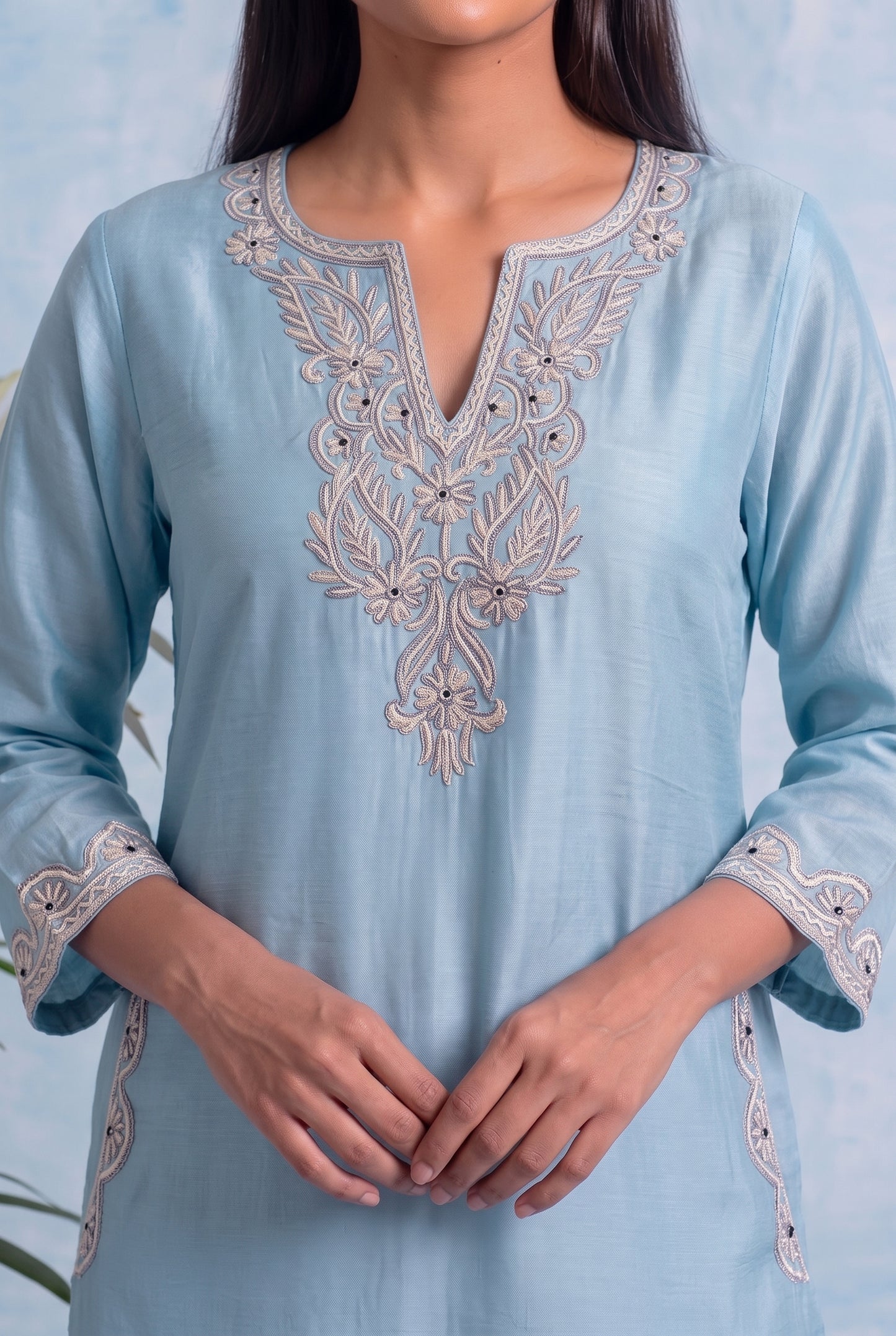 Powder Blue Pheran Set with Aari Embroidery