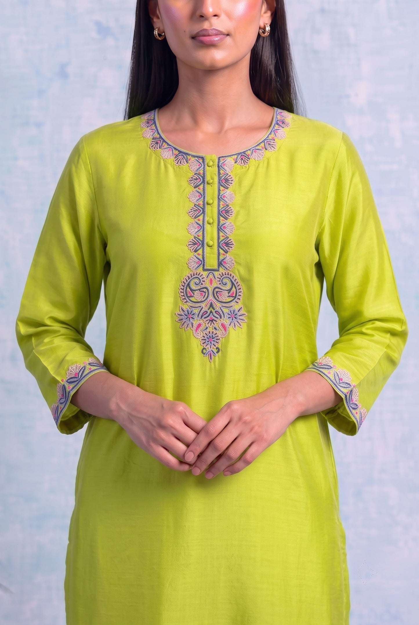 Lime Zest Pheran Set with Aari Embroidery
