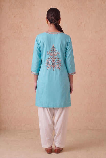 Blue Mist a Line Kurta Set with Aari Embroidery