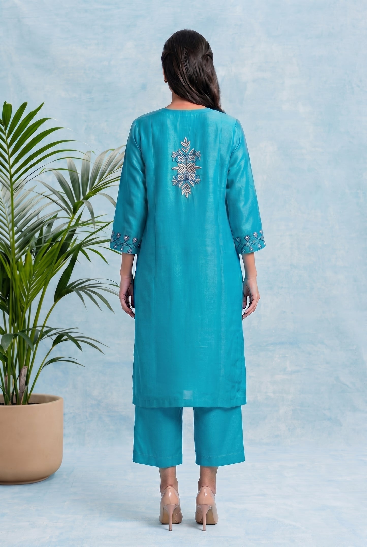 Aqua Mist Pheran Set with Aari Embroidery