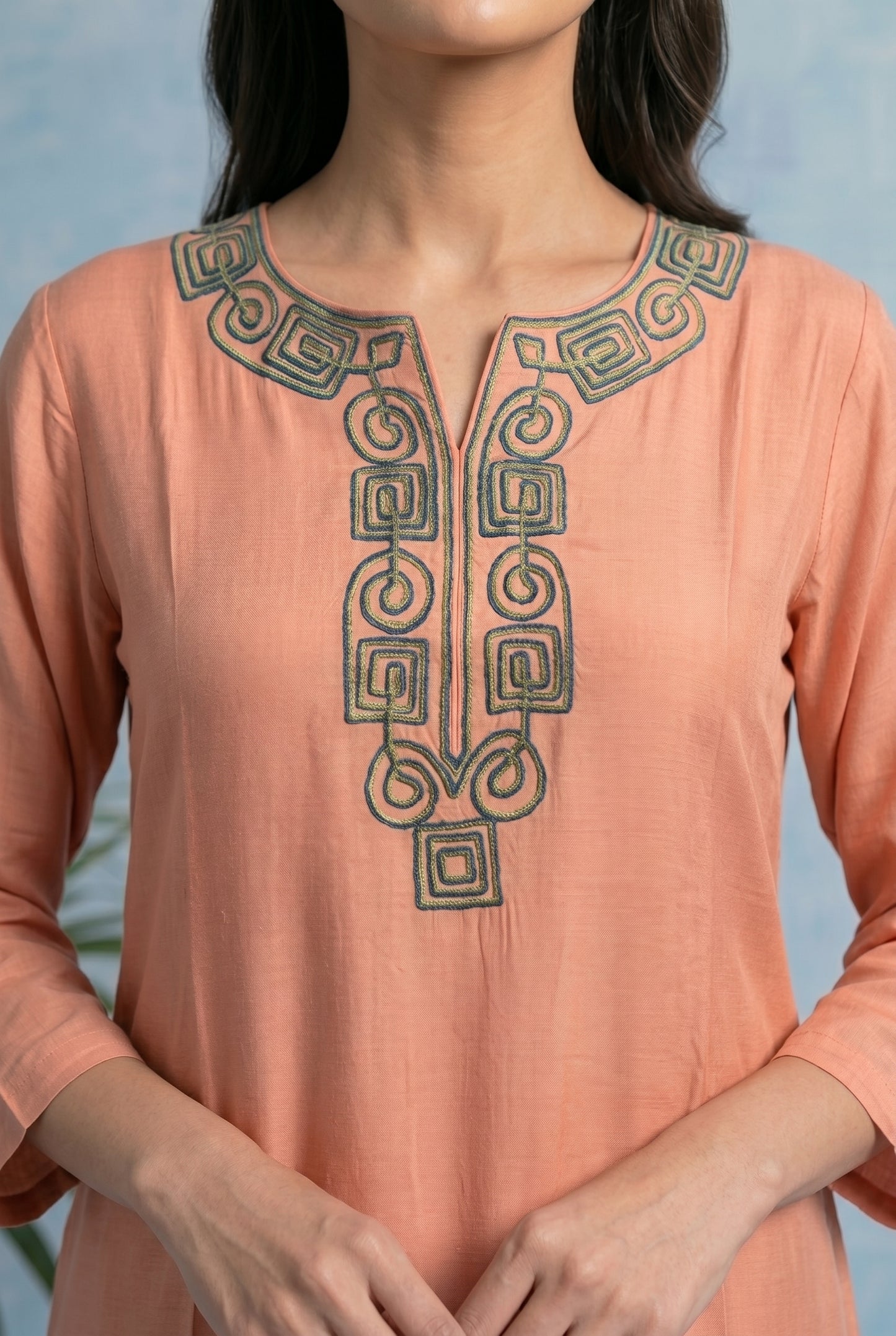 Blush Peach Pheran Set with Aari Embroidery