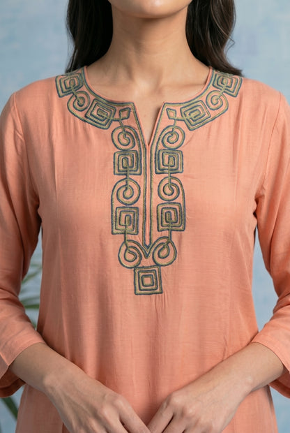 Blush Peach Pheran Set with Aari Embroidery
