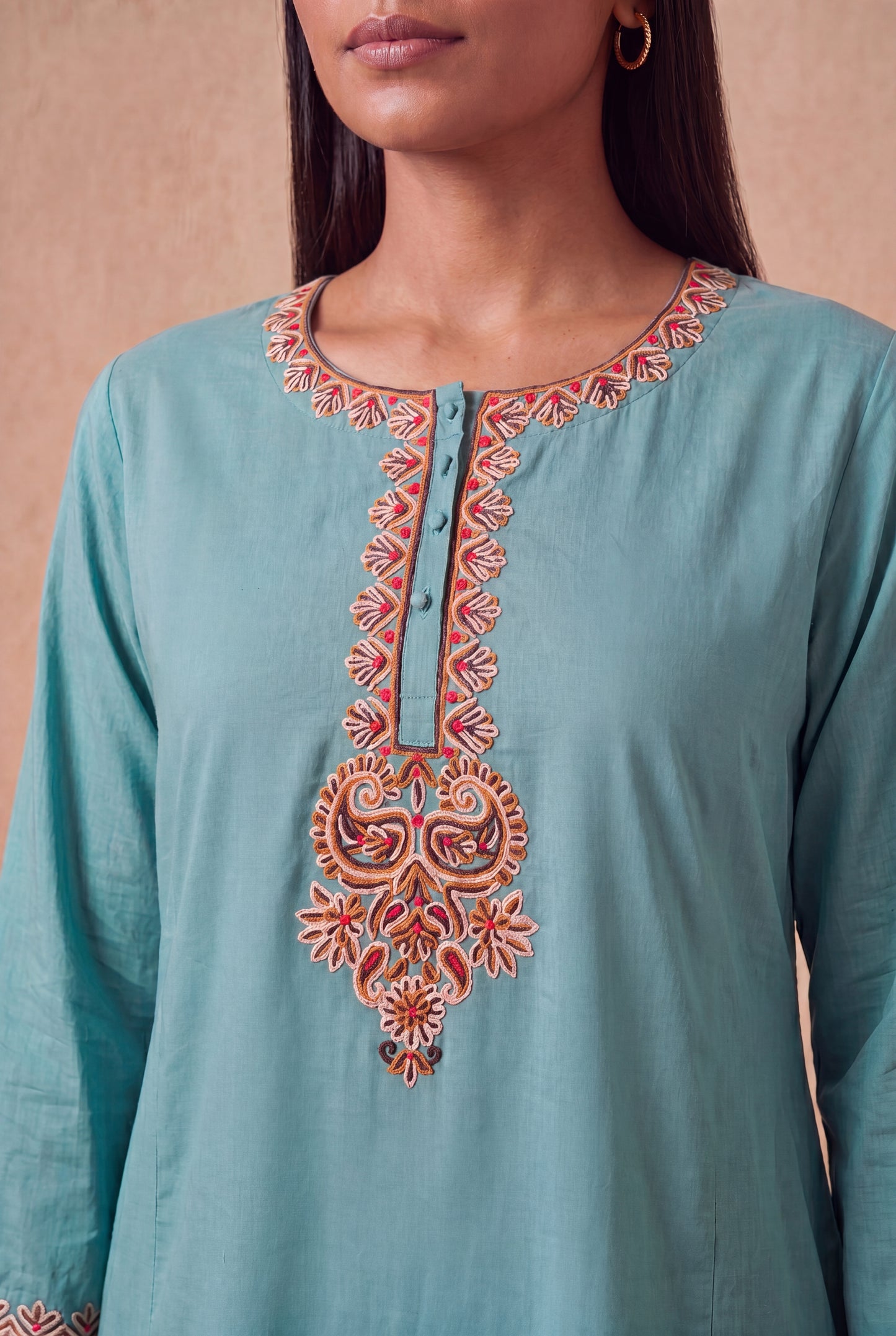 Sea Mist A Line Kurta Set With Aari Embroidery