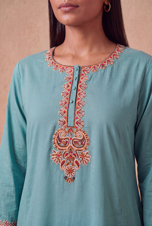 Sea Mist A Line Kurta Set With Aari Embroidery