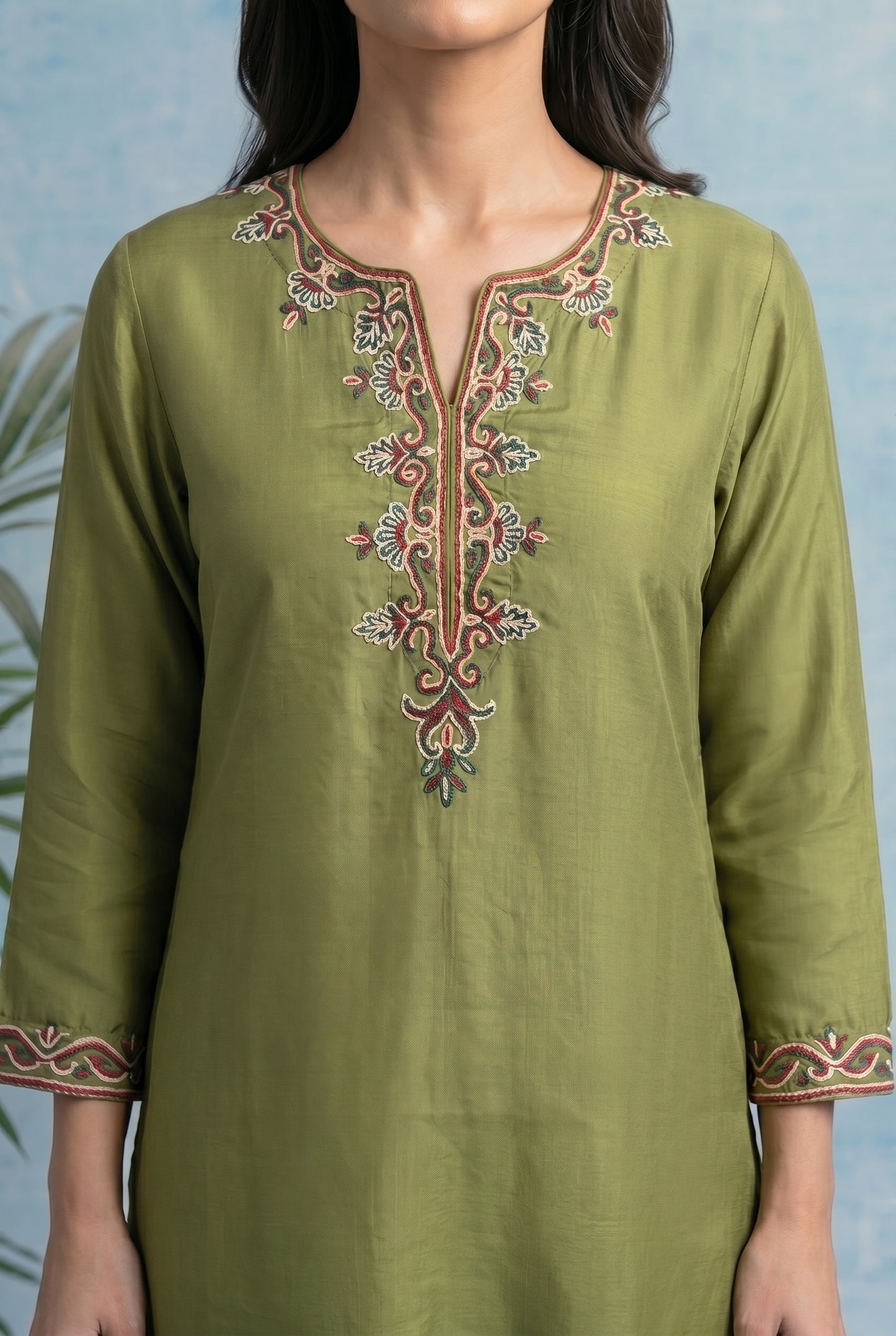 Olive Grove Pheran Set with Aari Embroidery