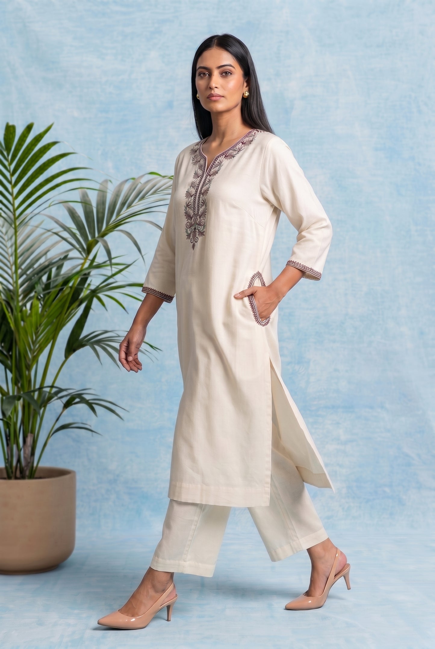 Vanilla Mist Pheran Set with Aari Embroidery