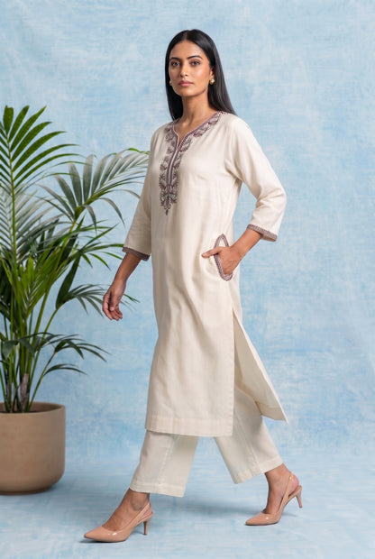Vanilla Mist Pheran Set with Aari Embroidery